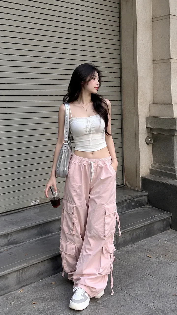 Outfit Badgirl đi cafe hoặc đi tối với corset trắng và cargo hồng