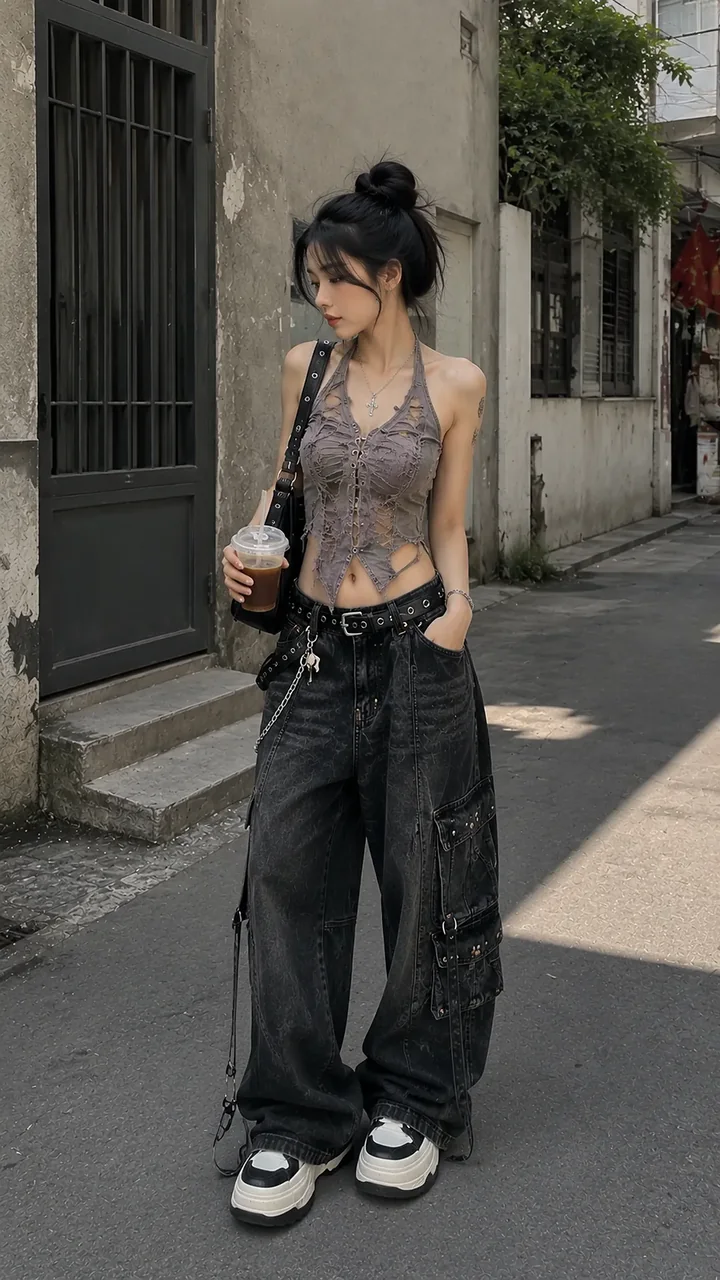 Outfit nữ Dark Feminine Look #81 với Áo yếm corset nâu, Quần cargo đen và Boot đen mũi nhọn