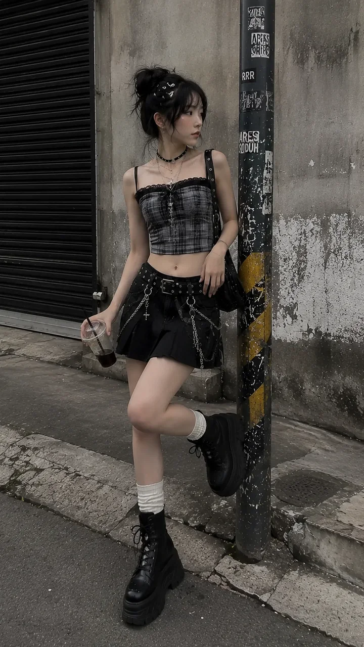 Outfit nữ E-Girl Look #91 với Áo corset caro xám, Chân váy xếp ly và Platform boots đen