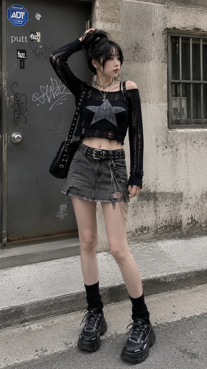 Outfit nữ E-Girl Look #102 với Áo crop ngôi sao đen, Chân váy denim và Platform boots đen