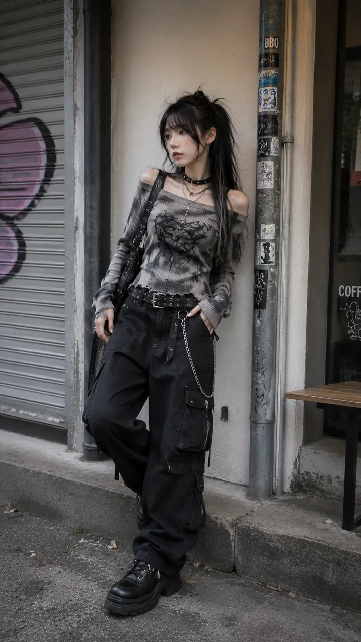 Outfit nữ Punk / Grunge Look #50 với Áo lưới graphic xám, Quần cargo đen và Combat boots đen