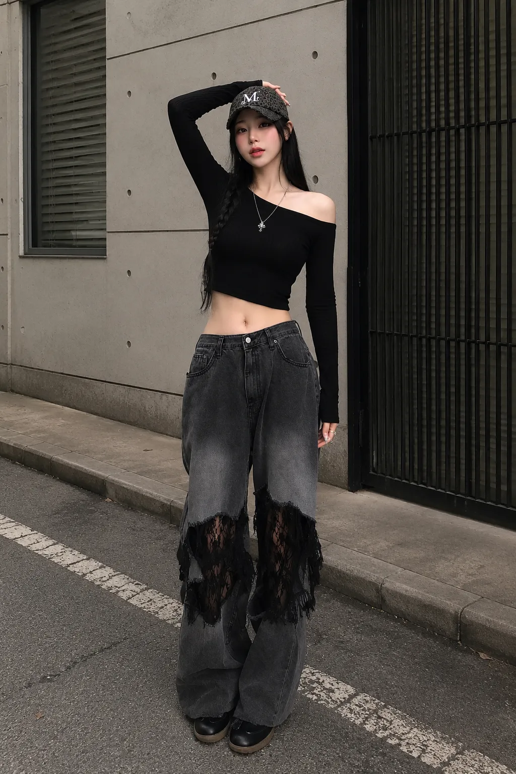 Look 22 dark feminine outfit với áo, quần, giày và phụ kiện badgirl street style