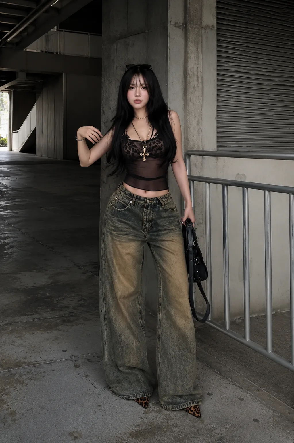 Look 29 dark feminine outfit với áo, quần, giày và phụ kiện badgirl street style