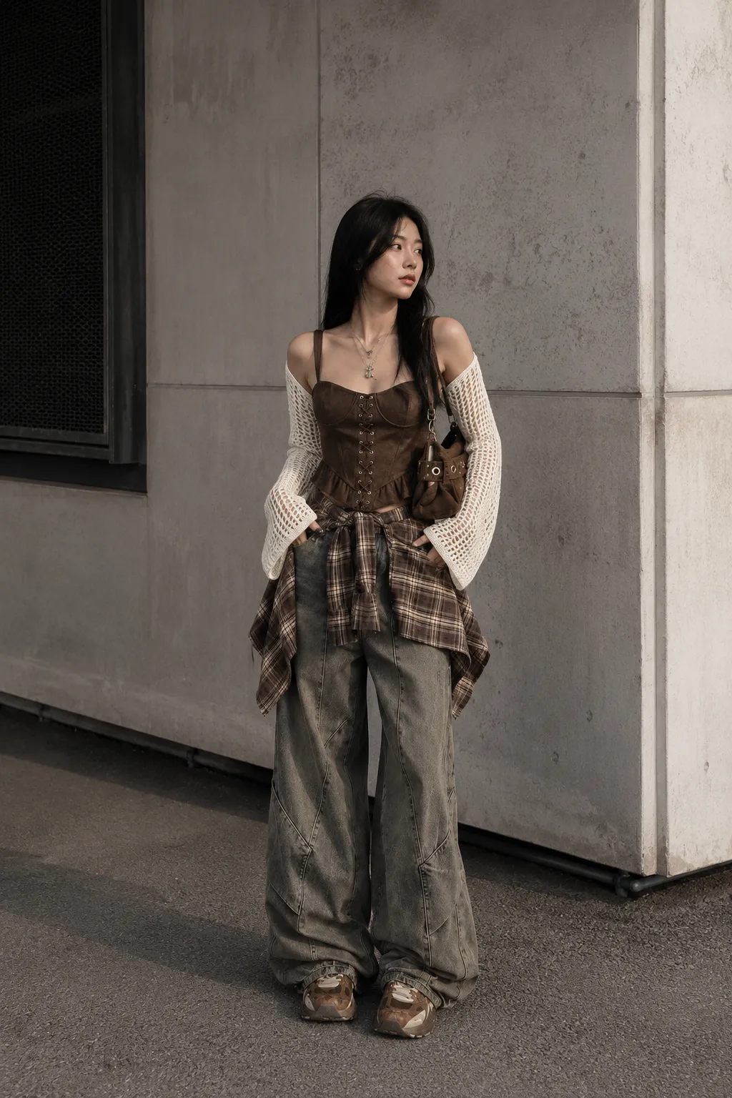 Look 30 dark feminine outfit với áo, quần, giày và phụ kiện badgirl street style