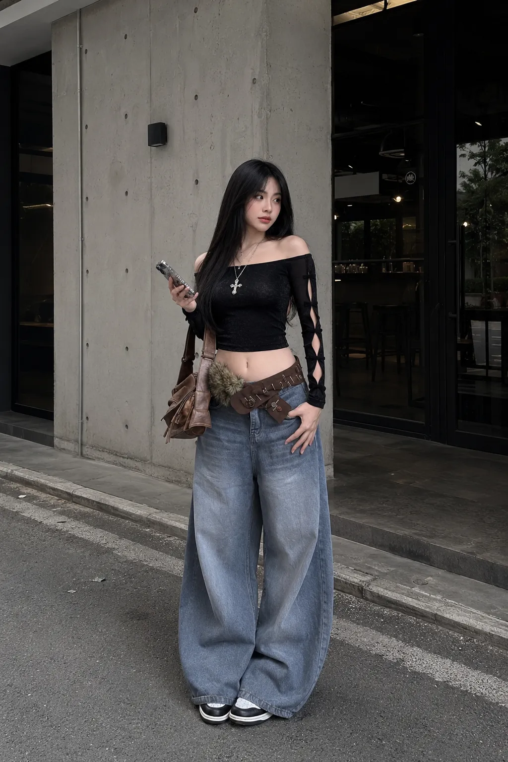 Look 36 dark feminine outfit với áo, quần, giày và phụ kiện badgirl street style