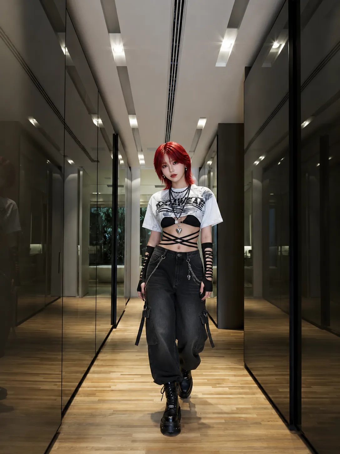 Look 03 punk outfit với áo, quần, giày và phụ kiện badgirl street style