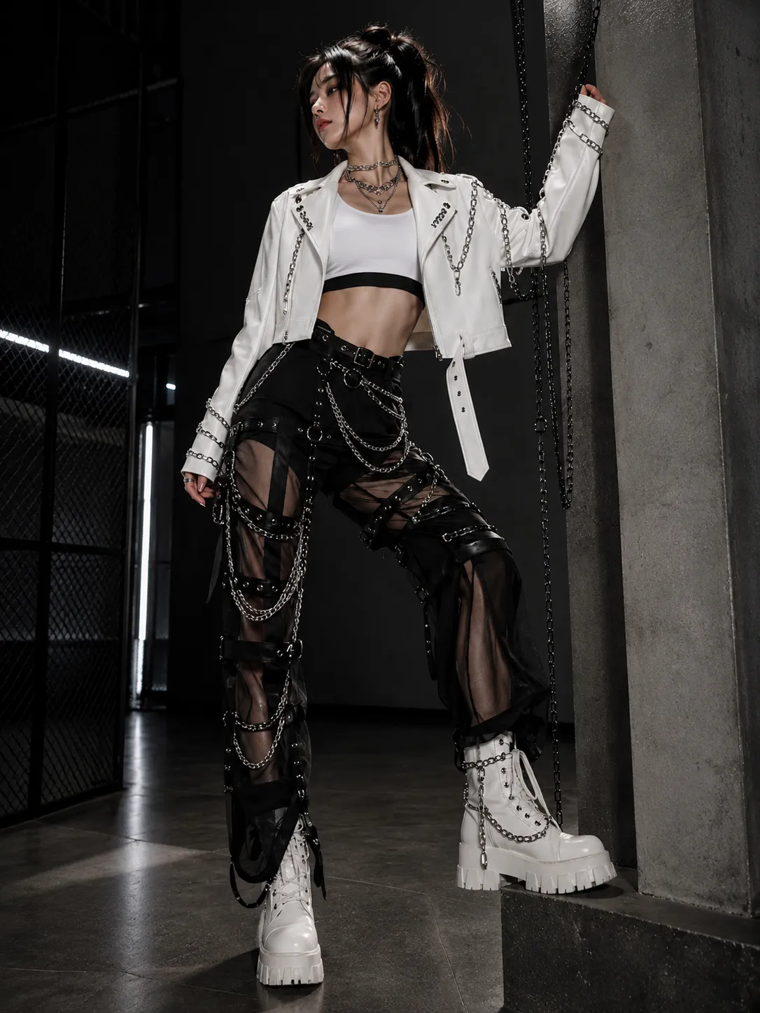 Look 19 punk outfit với áo, quần, giày và phụ kiện badgirl street style