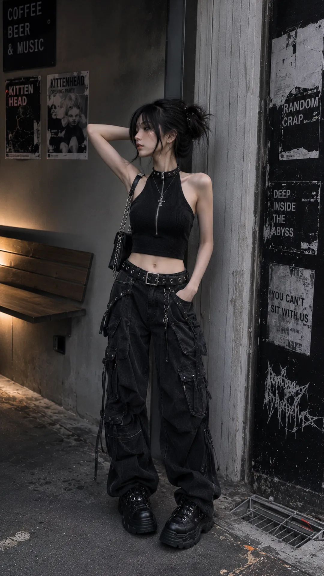 Look 63 Baddie Streetwear với áo crop cổ cao đen, quần cargo, giày và phụ kiện