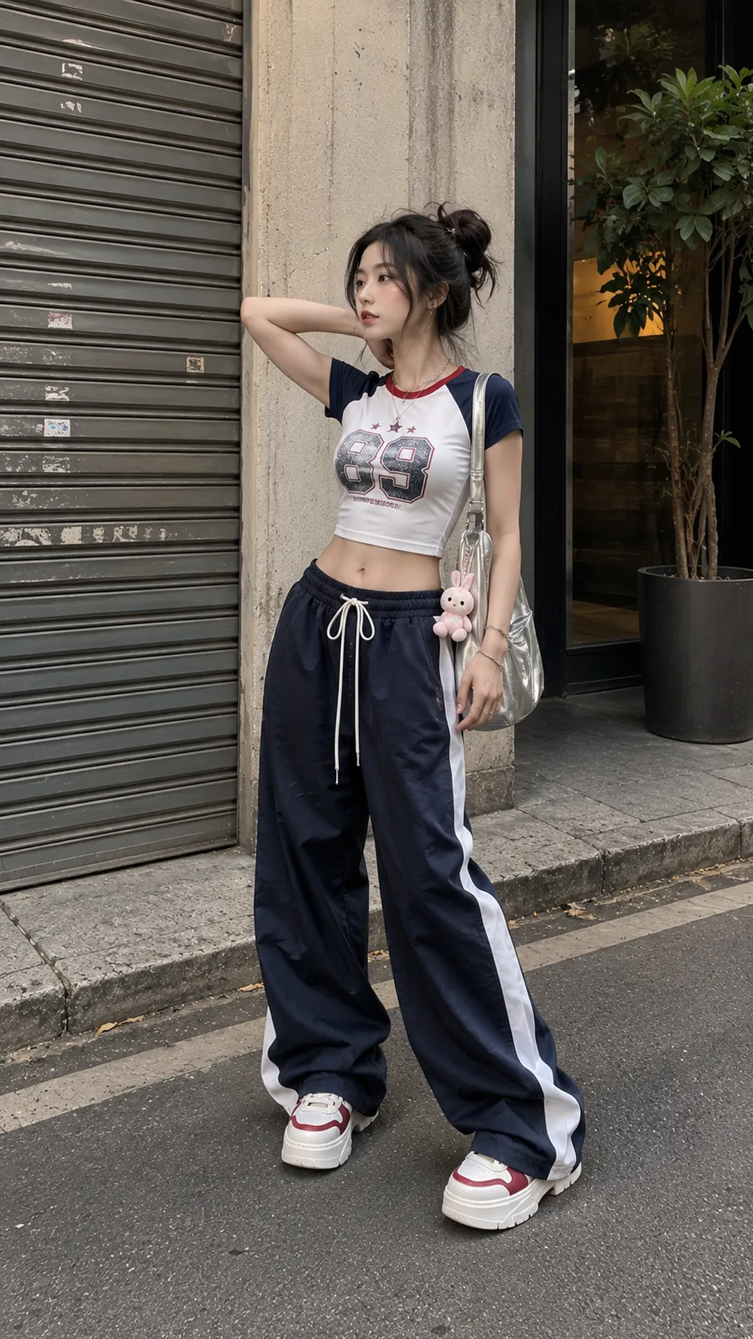 Look 117 Baddie Streetwear với áo crop thể thao, quần ống rộng xanh, giày và phụ kiện