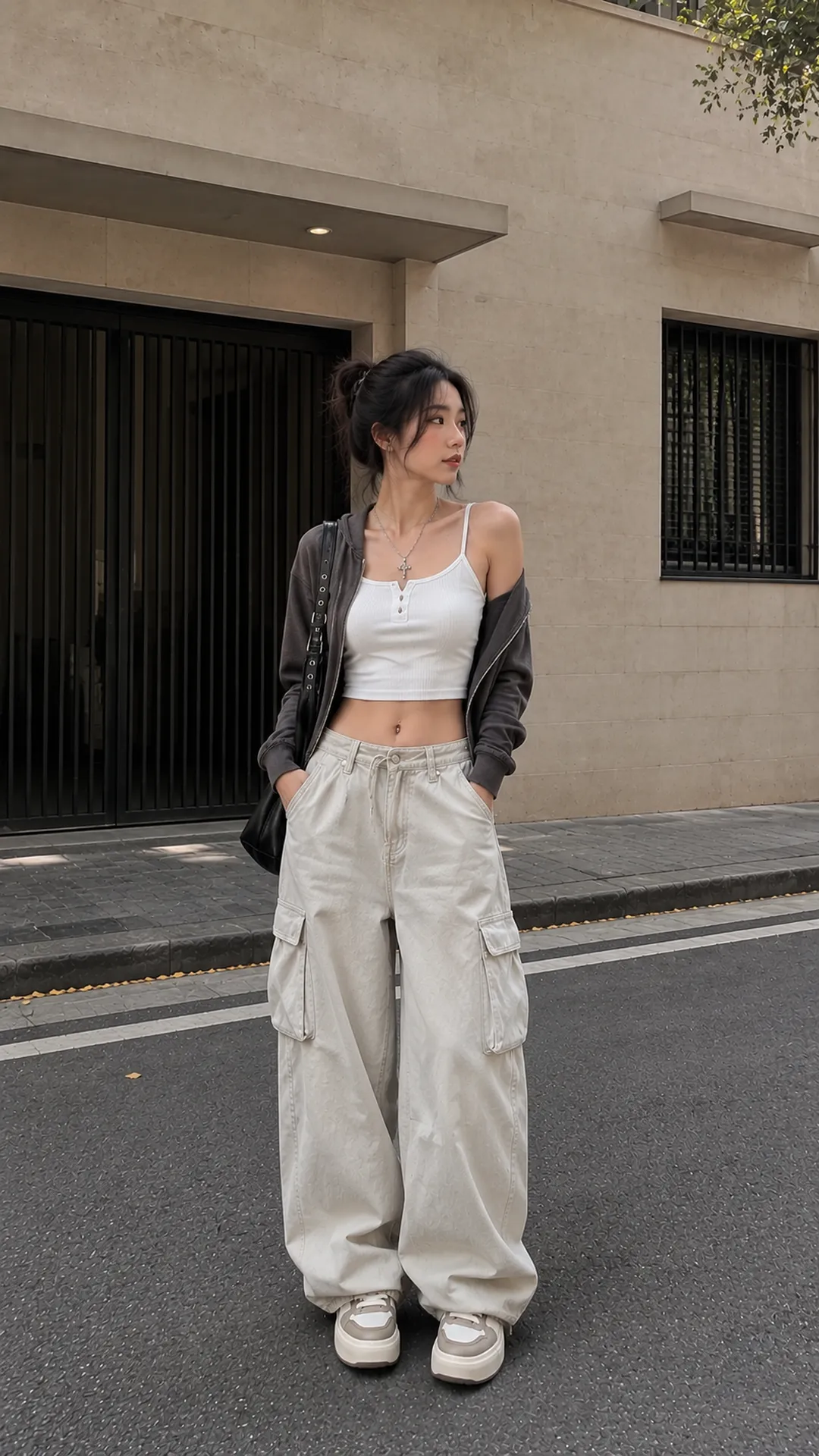 Look 125 Baddie Streetwear với áo hai dây trắng áo khoác xám, quần cargo, giày và phụ kiện