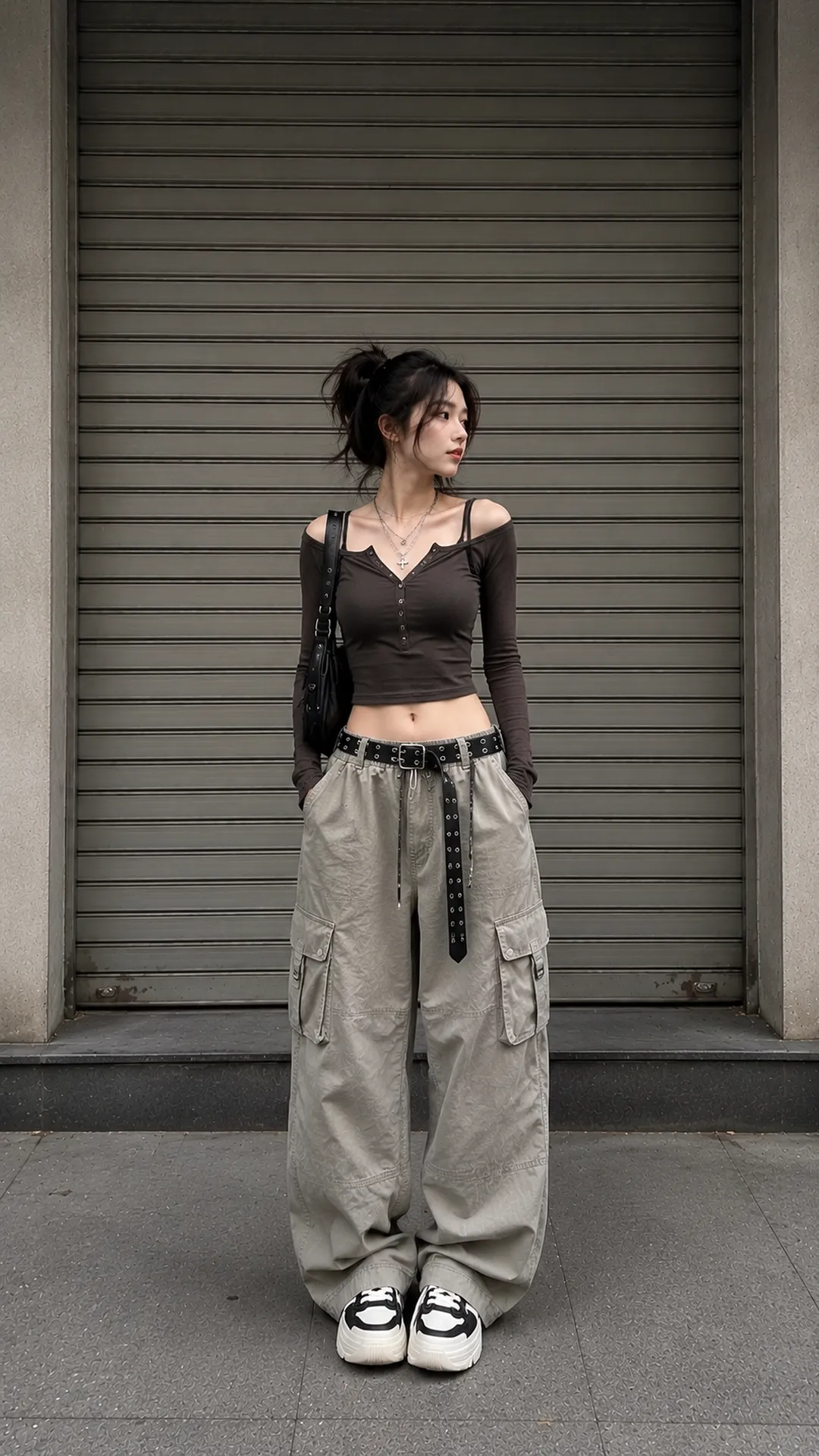 Look 129 Dark Feminine với áo trễ vai nâu, quần cargo kaki, giày và phụ kiện