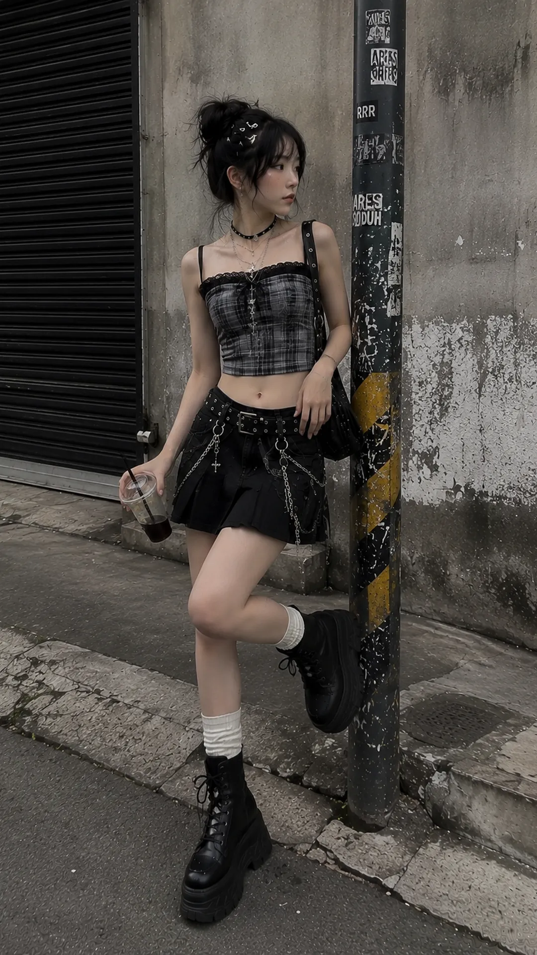 Look 91 E-Girl với áo corset caro xám, chân váy xếp ly, giày và phụ kiện