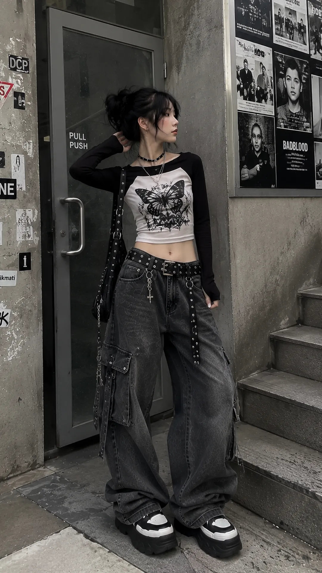 Look 95 E-Girl với áo crop bướm trắng, quần cargo xám, giày và phụ kiện