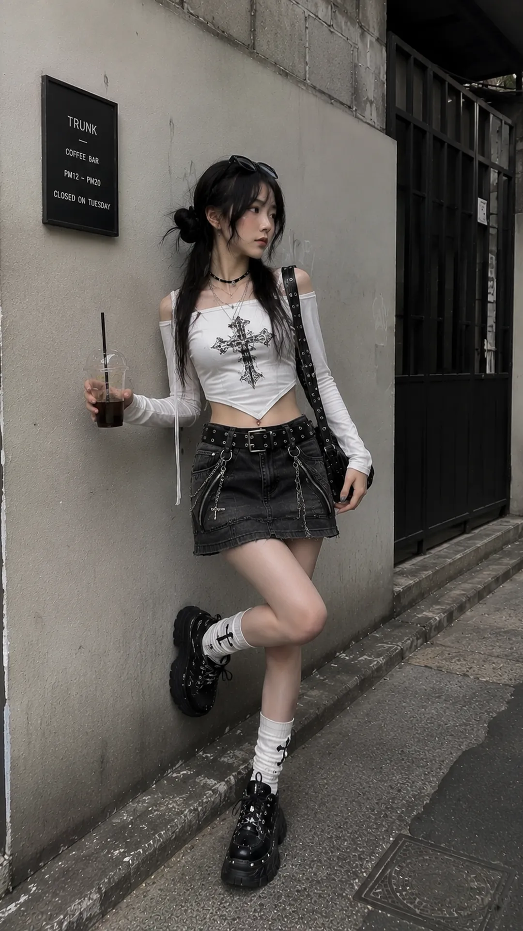 Look 88 E-Girl với áo crop trắng, chân váy denim đen, giày và phụ kiện