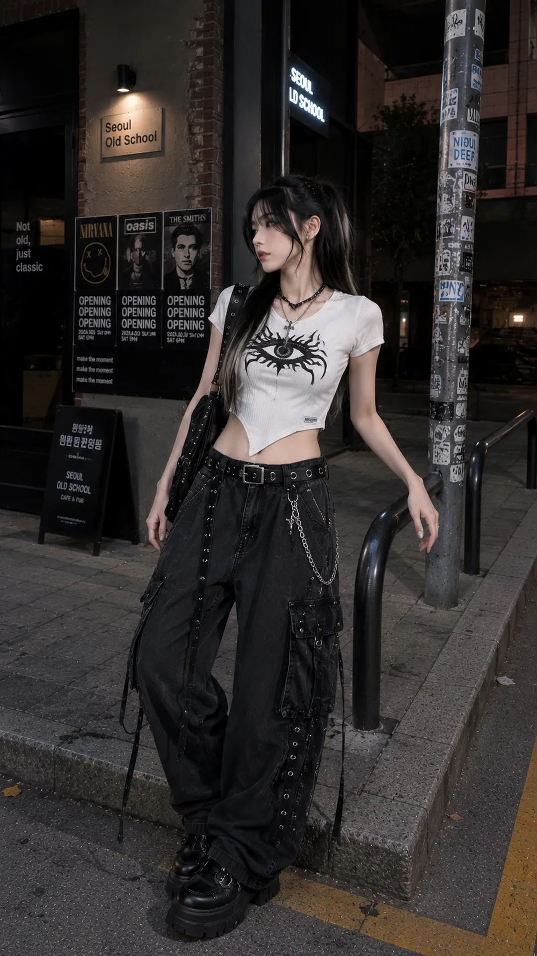 Look 71 E-Girl với áo crop trắng graphic mắt, quần cargo đen, giày và phụ kiện