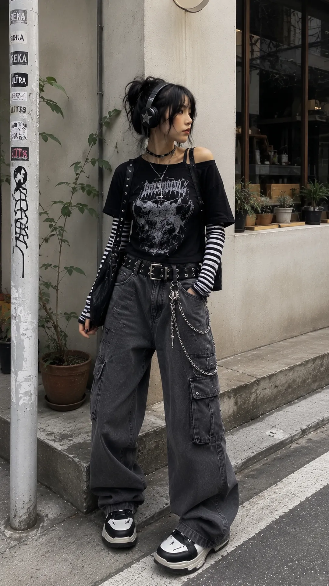 Look 101 E-Girl với áo graphic đen tay kẻ sọc, quần cargo xám, giày và phụ kiện