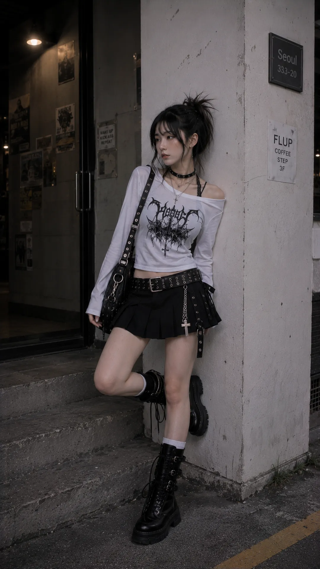 Look 41 E-Girl với áo graphic trắng, chân váy xếp ly đen, giày và phụ kiện
