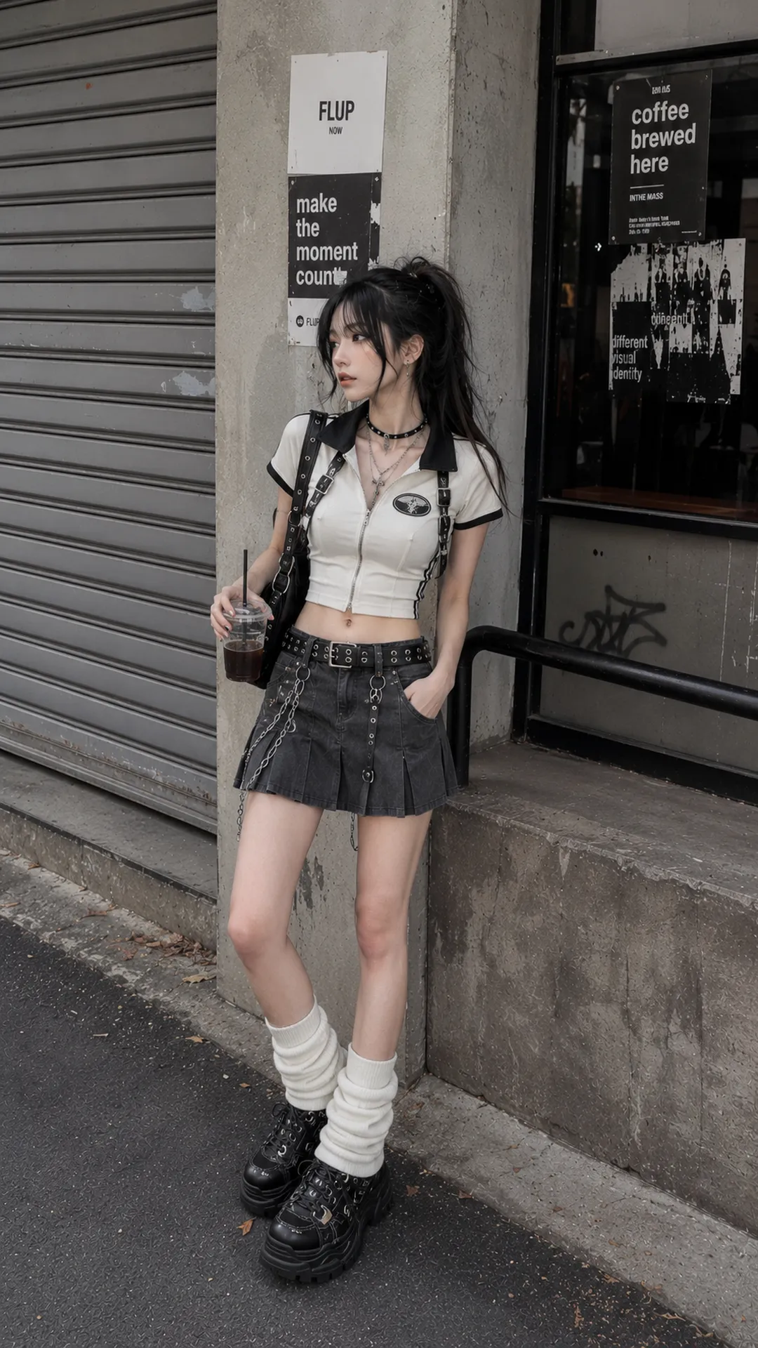 Look 62 E-Girl với áo polo crop trắng, chân váy xám, giày và phụ kiện