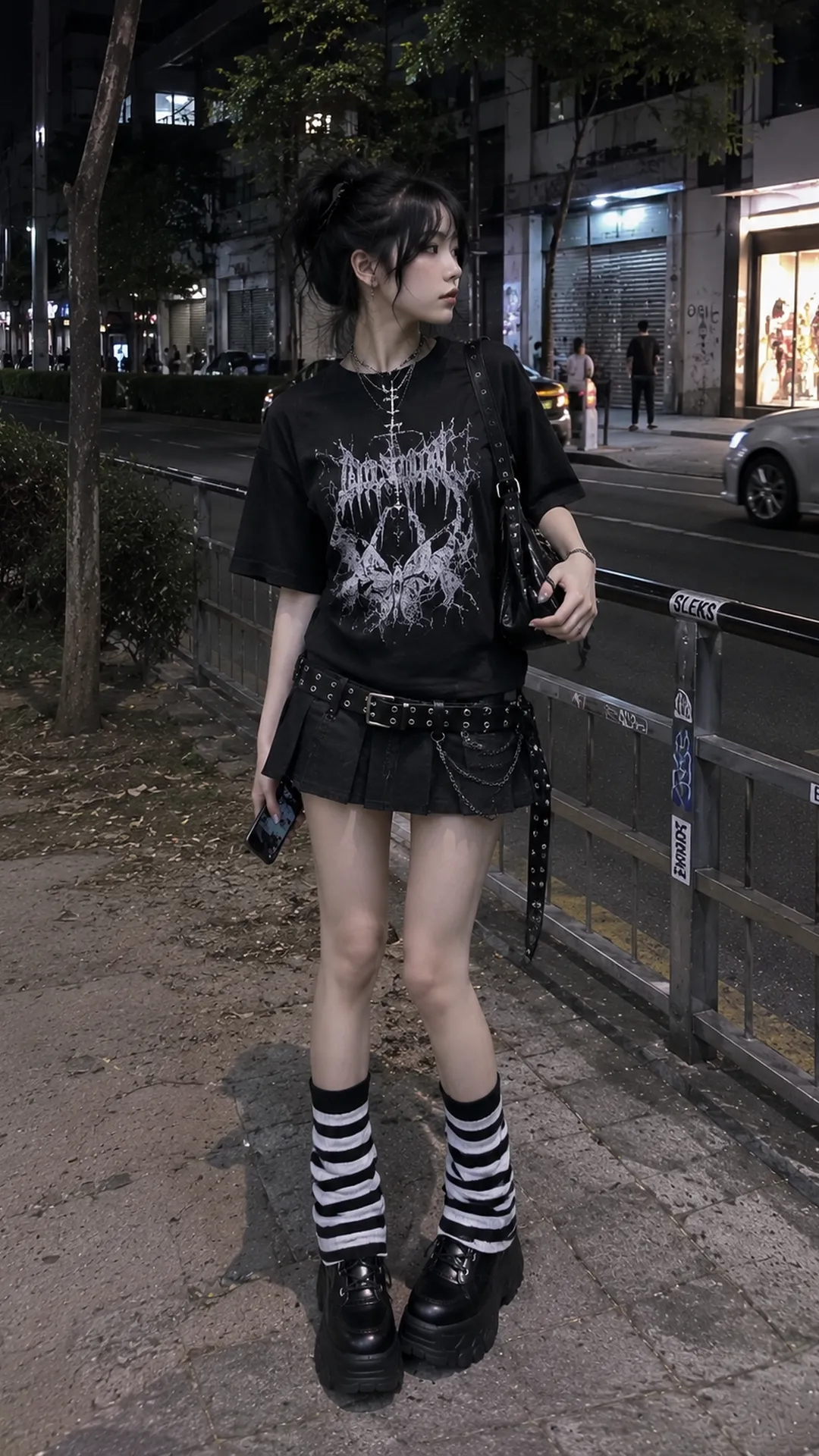 Look 98 E-Girl với áo thun graphic đen, chân váy mini, giày và phụ kiện