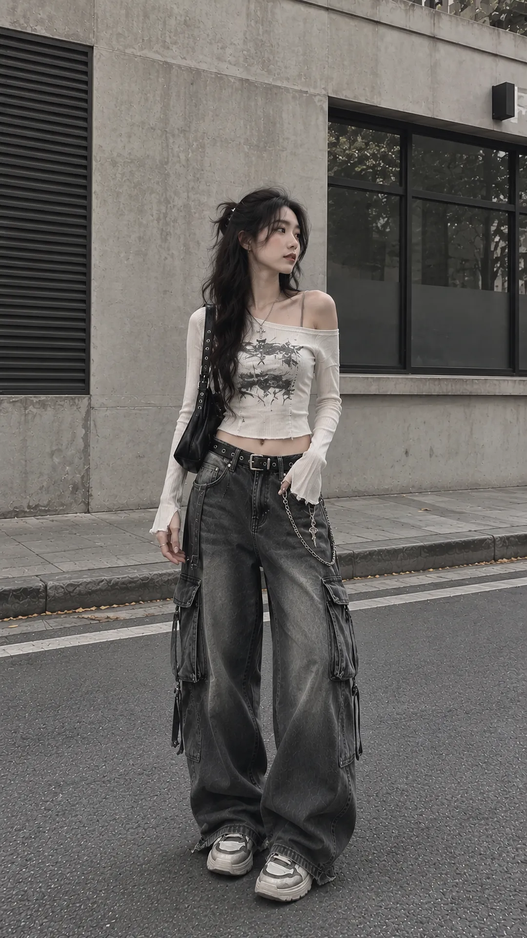 Look 124 Grunge với áo graphic trễ vai trắng, quần cargo đen, giày và phụ kiện