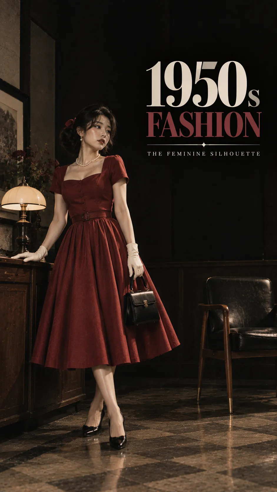 1950s fashion nữ với fitted bodice, eo rõ, full midi skirt và pumps cổ điển