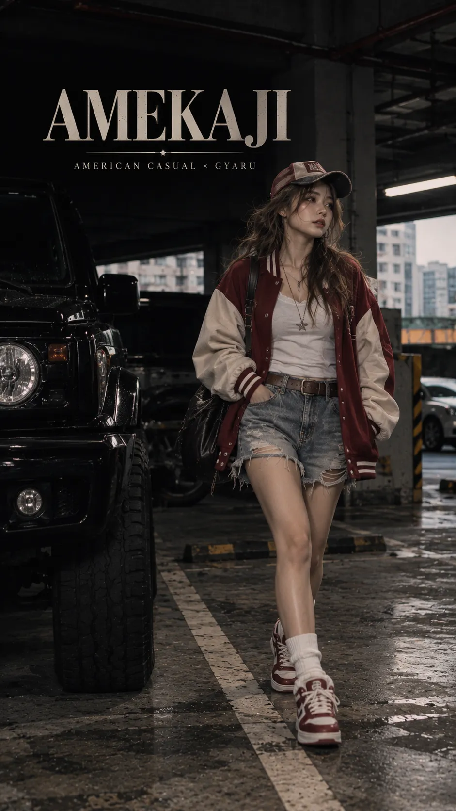 Amekaji Gyaru với denim, striped tee, plaid layer và sneakers