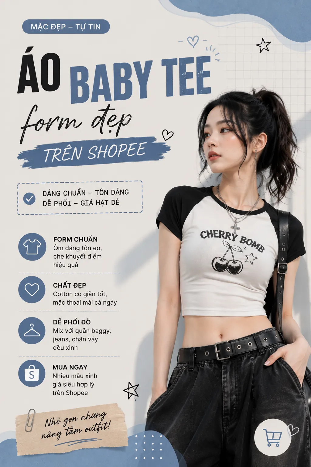 Outfit E-Girl nữ với áo baby tee ôm gọn và quần rộng tối màu
