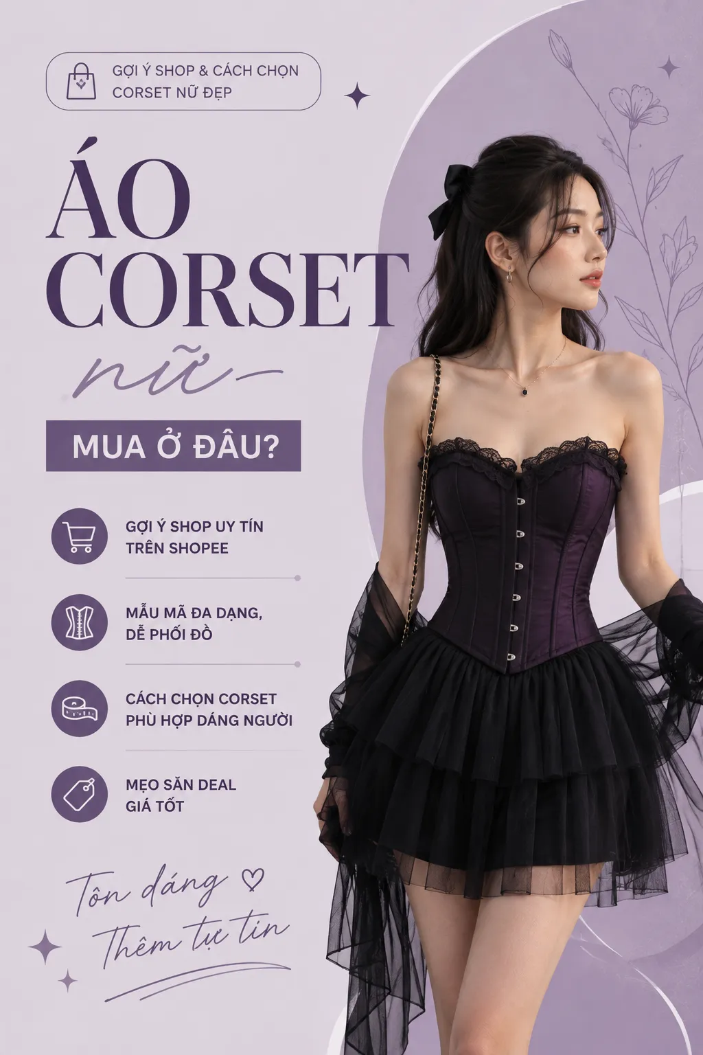 Outfit dark feminine nữ với corset nâu có dây buộc, cardigan crochet và quần denim ống rộng