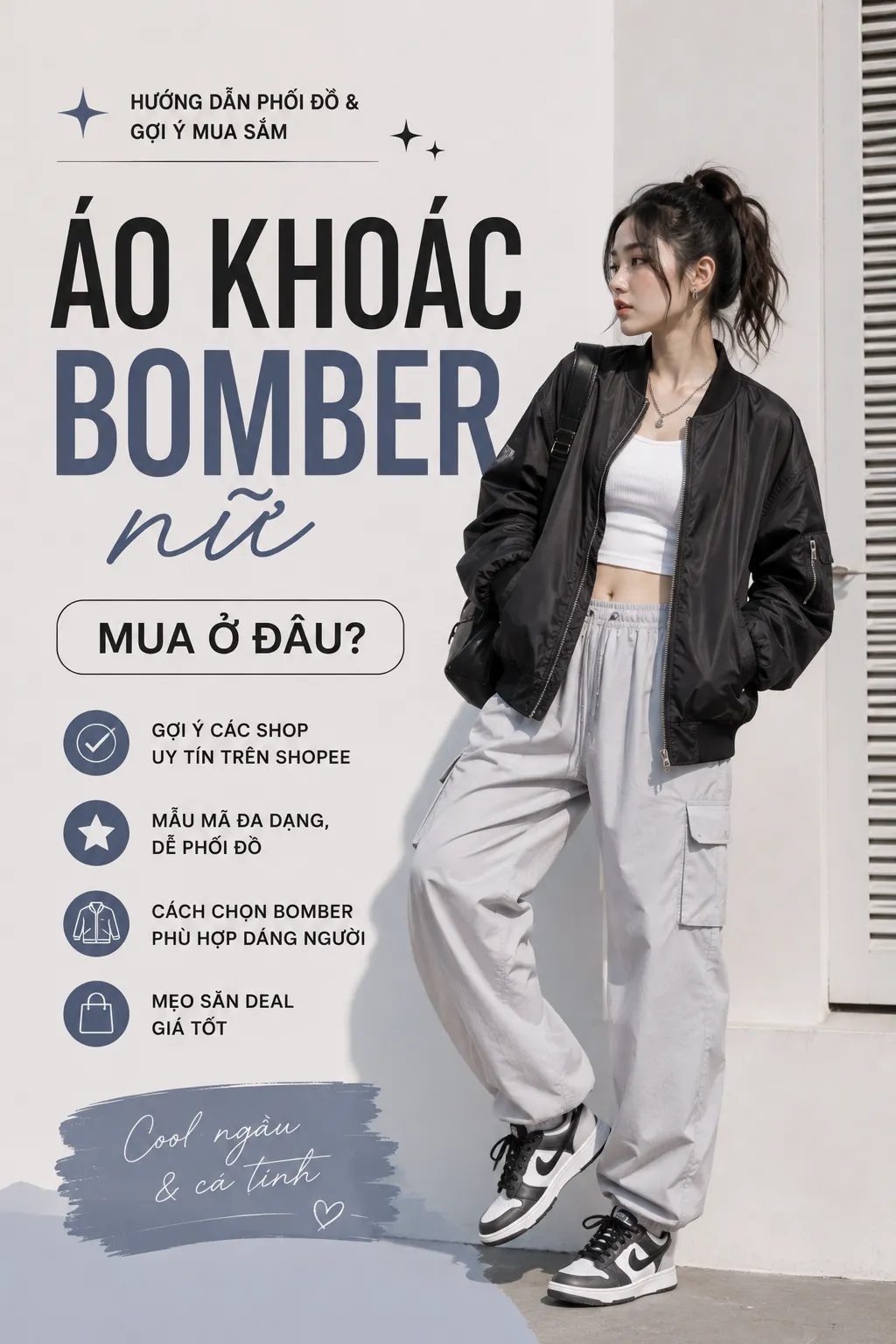 Outfit Baddie Streetwear nữ với áo khoác bomber trắng dáng phồng, crop top đen và quần ống rộng