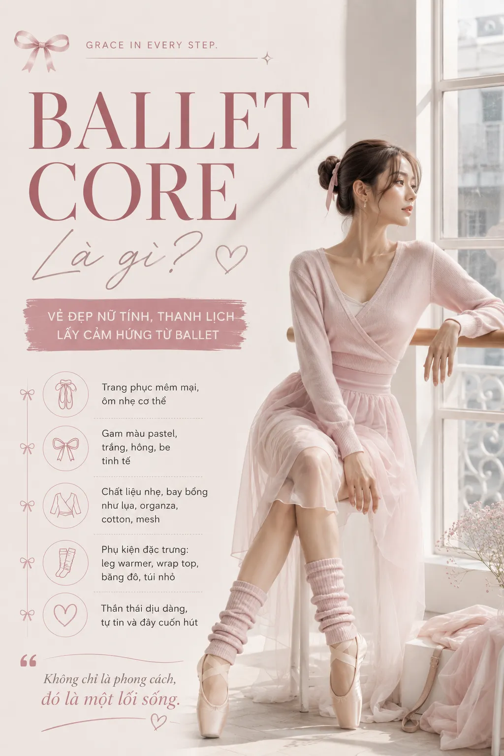 Outfit nữ mềm mại với tỷ lệ gọn, lớp váy ngắn và chi tiết nữ tính gợi tinh thần Balletcore
