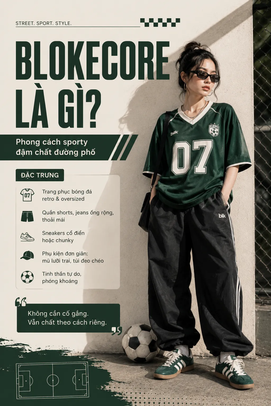 Outfit nữ streetwear form rộng dùng để minh họa tỷ lệ của Blokecore