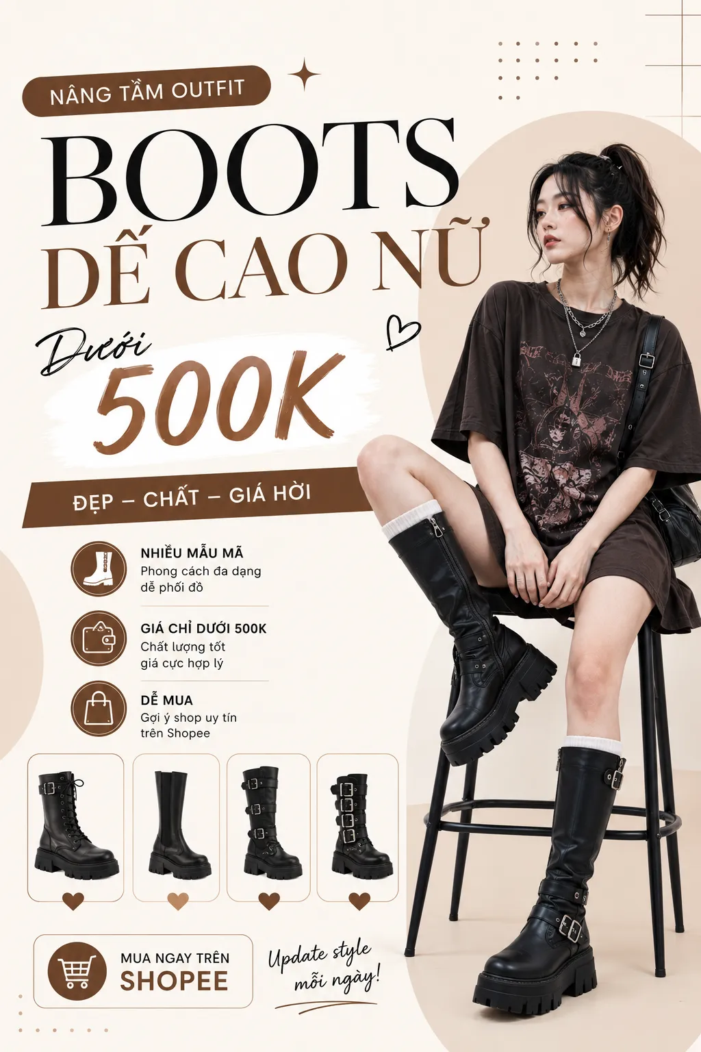 Outfit Punk nữ với boots đế cao màu đen và trang phục tối màu