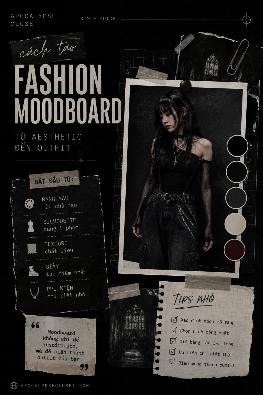 Fashion moodboard phong cách alt dark với outfit đen burgundy bạc và boots — Apocalypse Closet