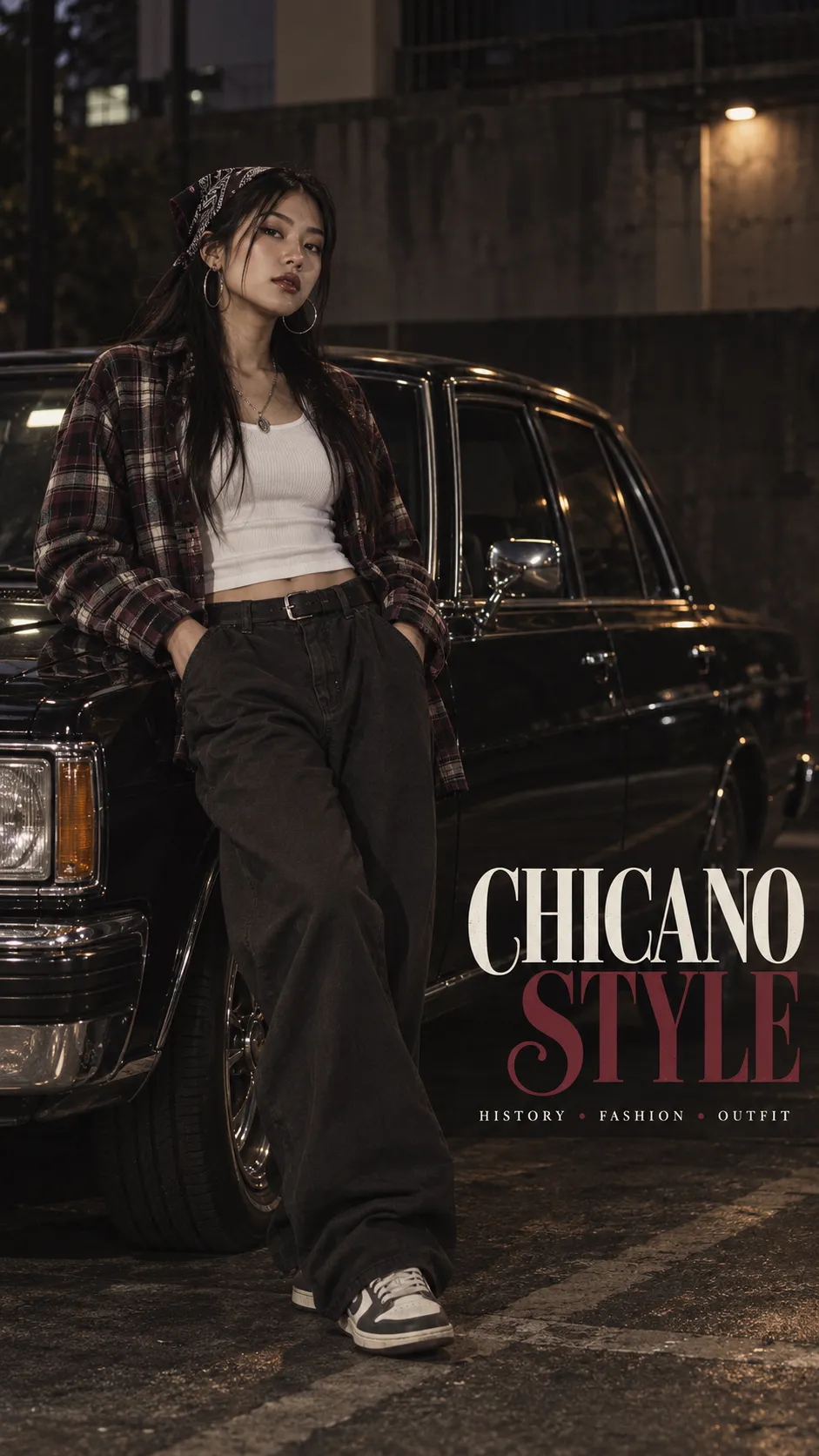 Chicano style nữ với sơ mi rộng, áo thun trơn, quần baggy và sneaker trên đường phố