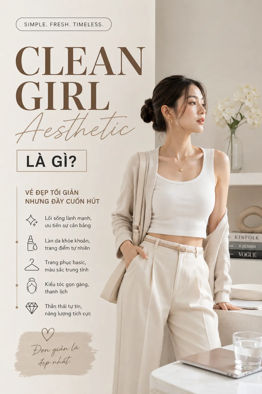 Outfit nữ gọn với bảng màu tiết chế dùng để phân tích Clean Girl Aesthetic