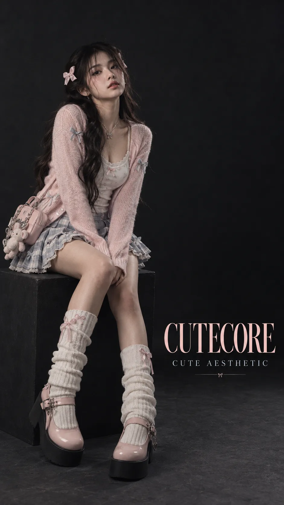 Cutecore outfit pastel với cardigan ngắn, chân váy xếp ly, tất cao và phụ kiện nơ