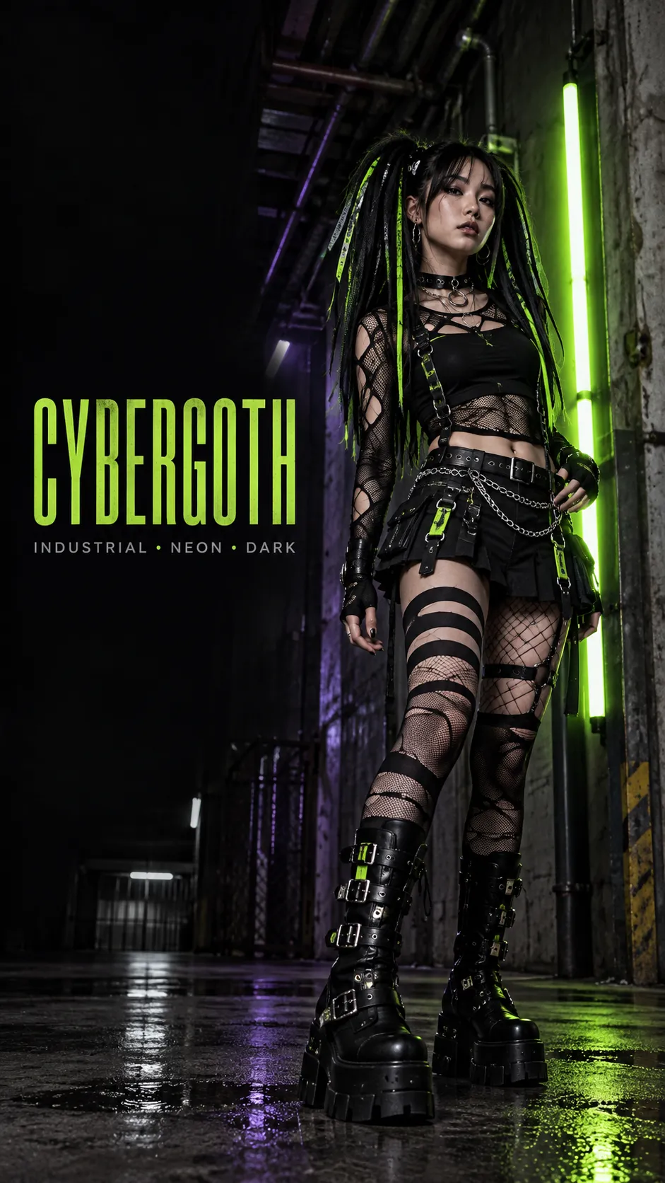 Cybergoth outfit nền đen với neon xanh, mesh layer, cyberlox và platform boots