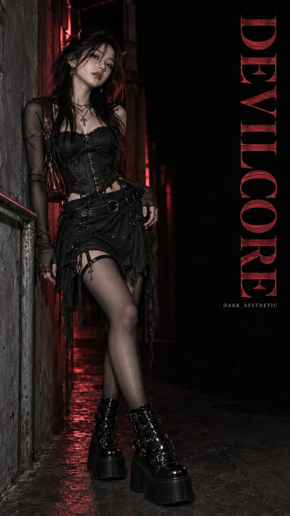 Devilcore dark outfit đen đỏ với áo corset, chân váy tối màu, chain và platform boots