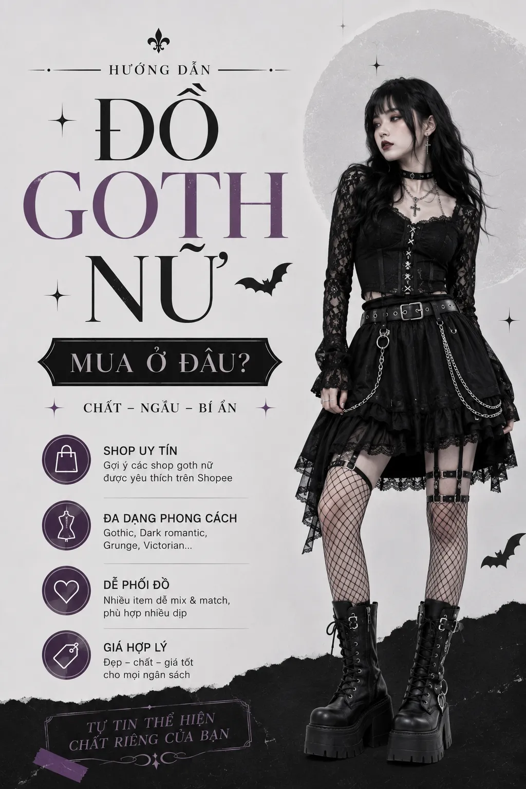 Outfit Goth nữ tông đen với layer, phụ kiện bạc và giày đế dày