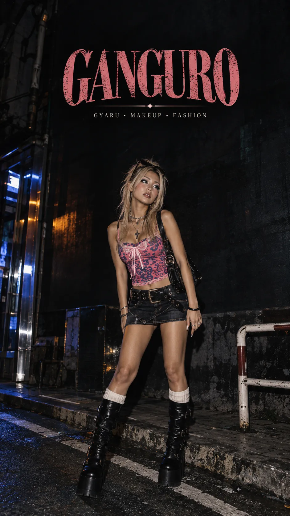 Ganguro Gyaru với tóc vàng sáng, makeup mắt tương phản, mini skirt và platform boots