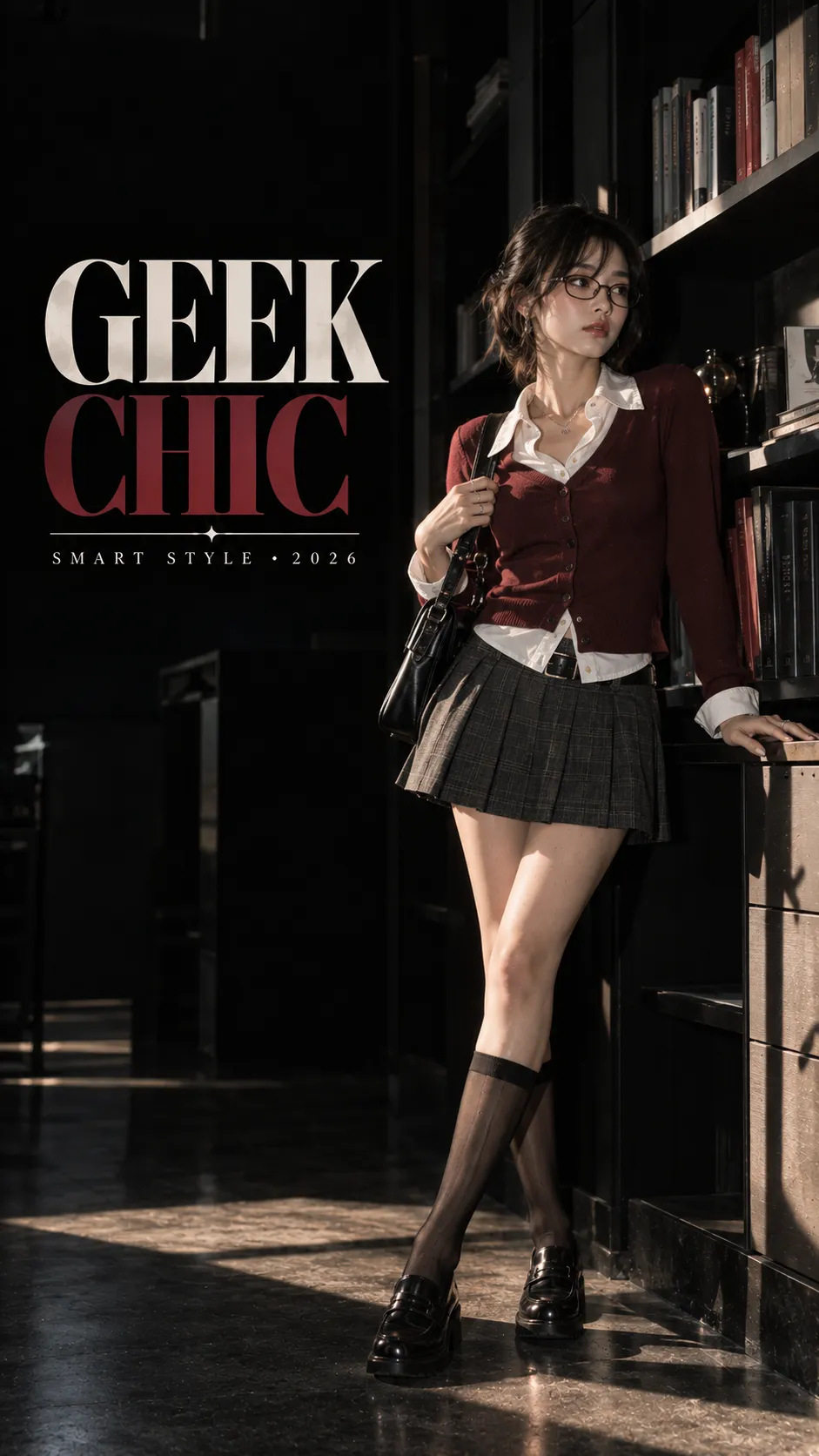 Geek Chic outfit 2026 với kính gọng mảnh, cardigan, sơ mi, chân váy bút chì và loafer