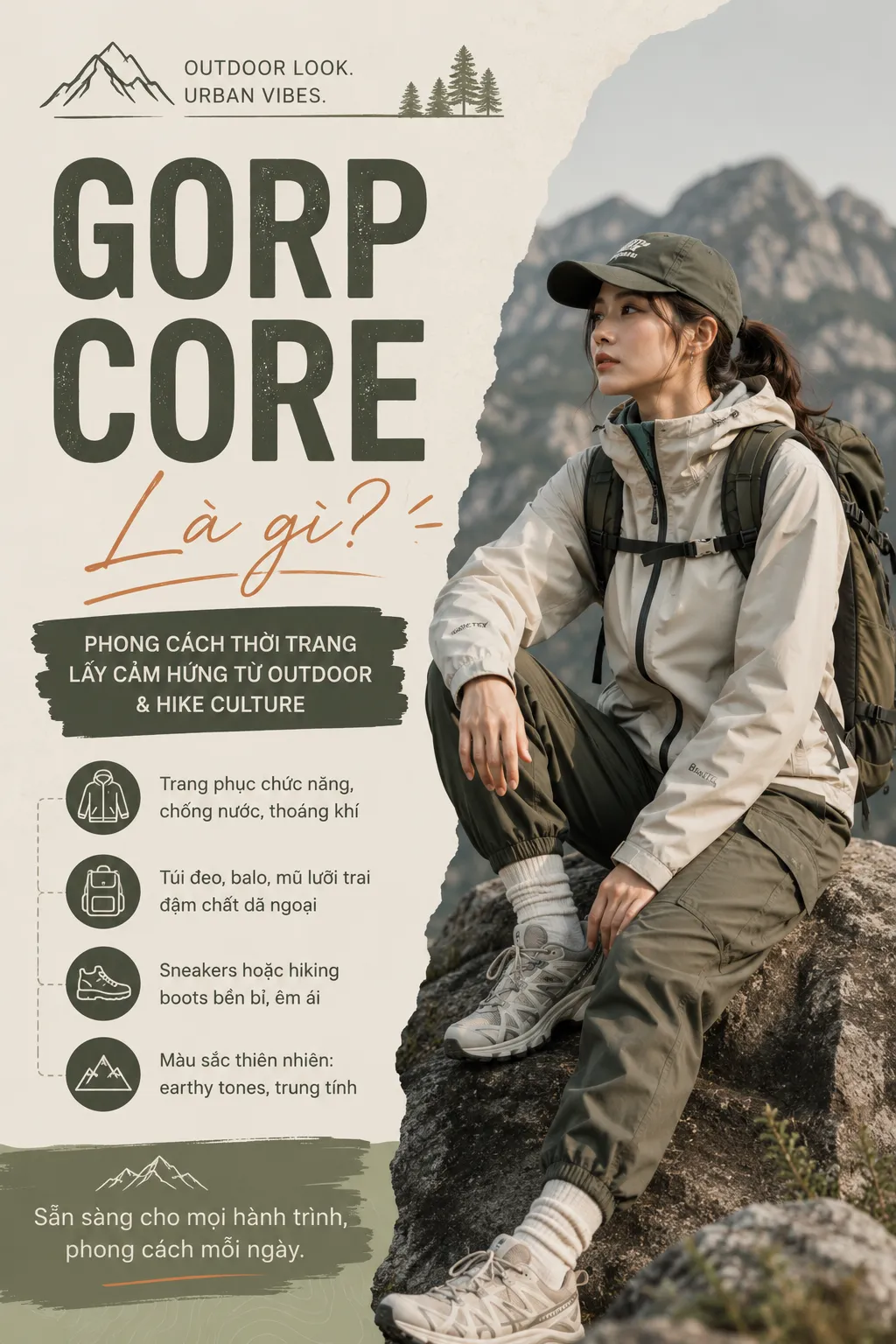 Outfit nữ theo hướng Gorpcore và urban outdoor với form rộng tối màu