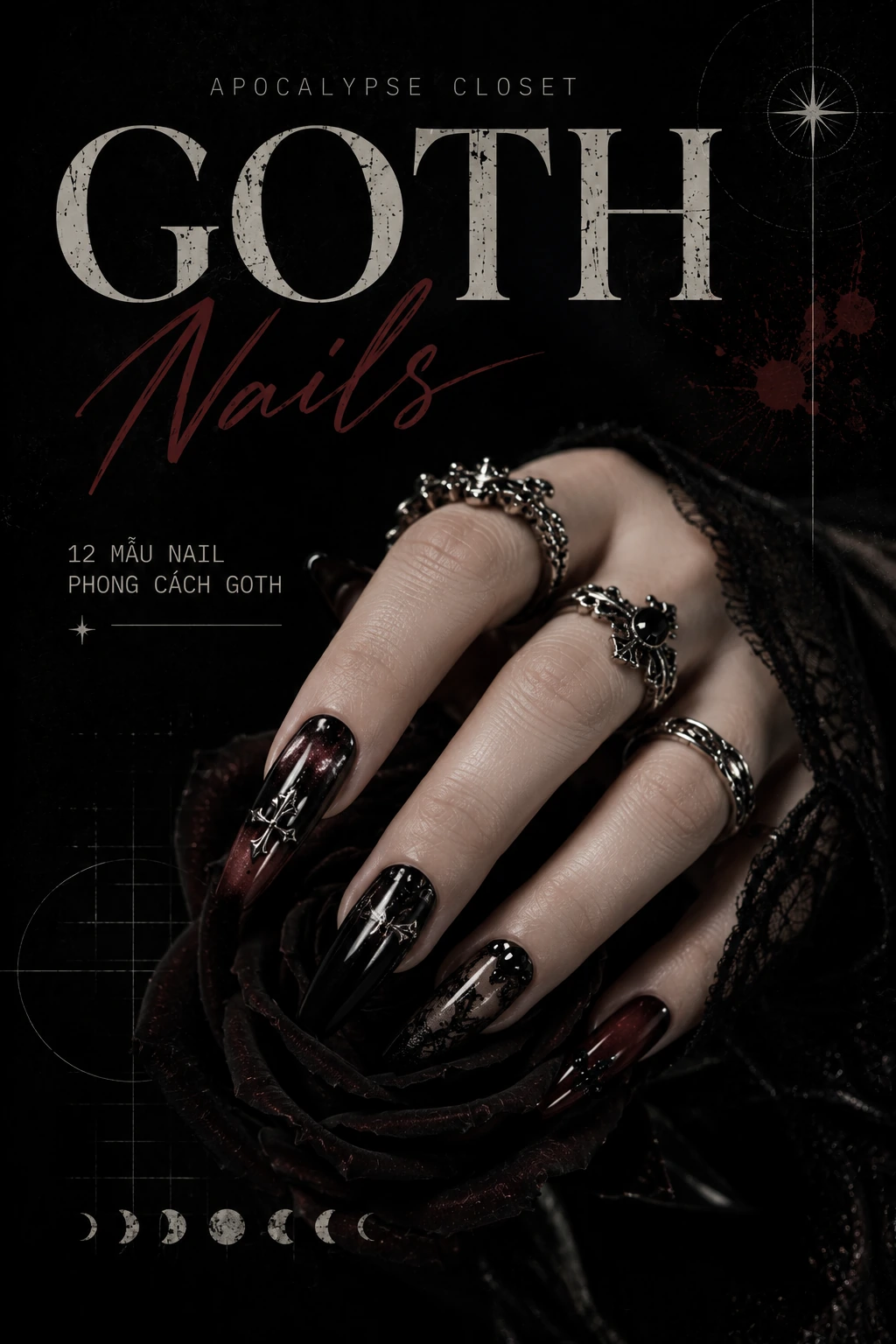 Goth nails nữ với các mẫu nail phong cách Goth đen đỏ chrome và gothic nail art — Apocalypse Closet