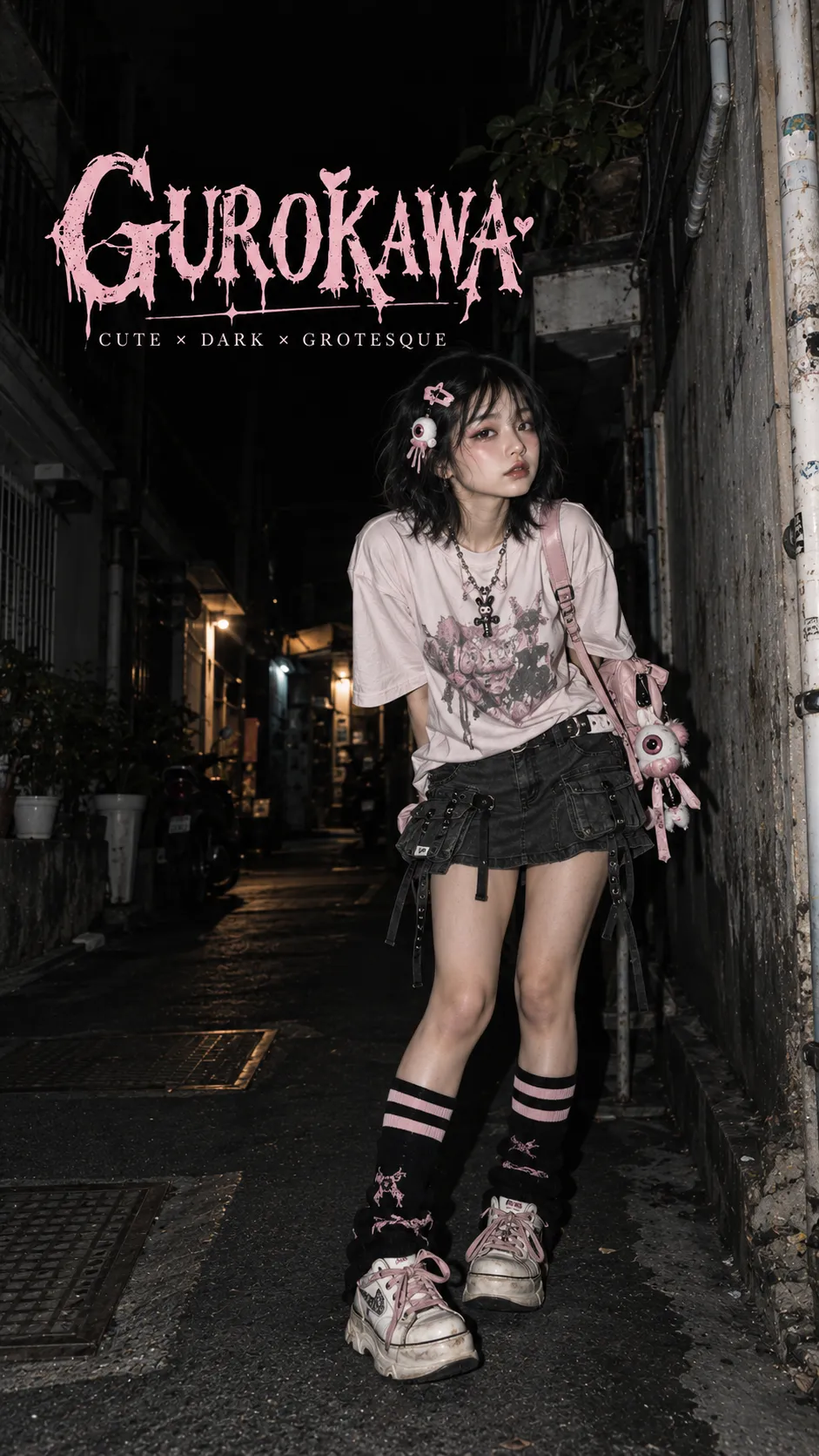 Gurokawa outfit nữ với oversized graphic tee, skirt đen, eyeball accessories và chi tiết kawaii grotesque