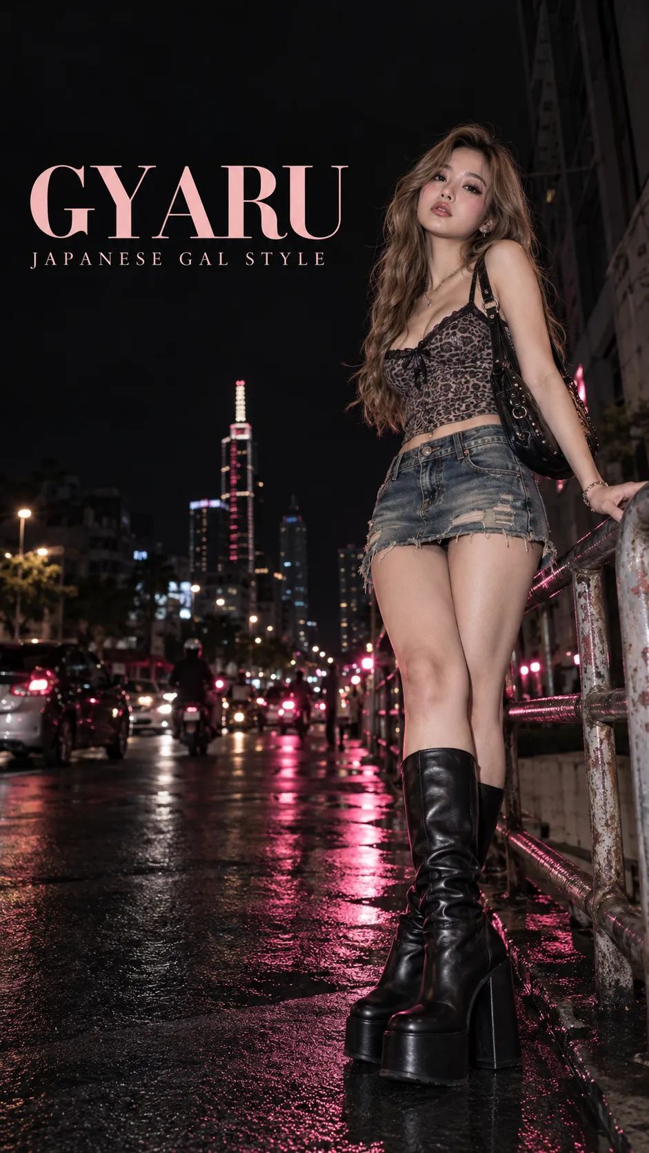 Gyaru outfit với tóc tạo độ phồng, makeup mắt rõ, mini skirt và platform boots