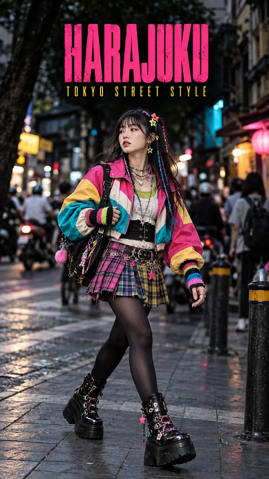 Harajuku street fashion nhiều lớp với màu nổi, phụ kiện dày và platform shoes