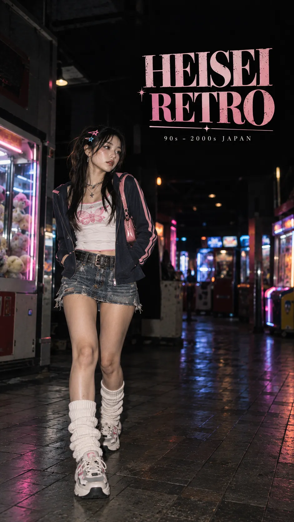 Heisei Retro outfit Nhật Bản 90s–2000s với mini skirt, loose socks, platform shoes và phụ kiện điện thoại gập