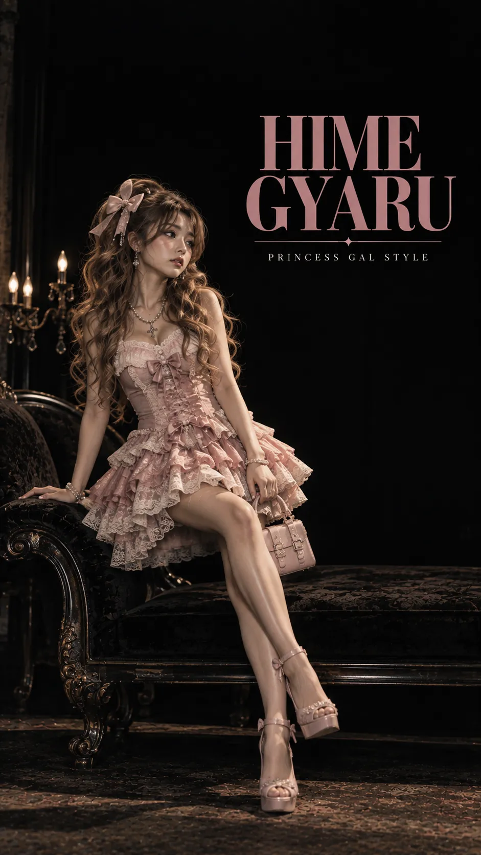 Hime Gyaru với tóc volume, váy ren hồng, pearl và platform heels