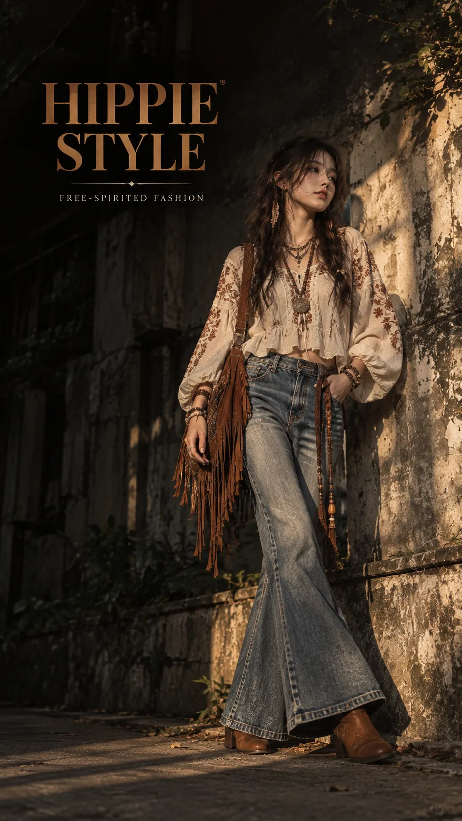 Hippie style nữ với áo blouse rộng, quần ống loe, túi tua rua và phụ kiện thủ công