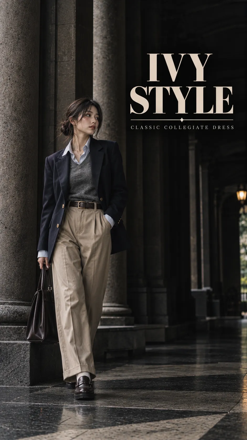 Ivy Style nữ với navy blazer, Oxford shirt, khaki và penny loafers